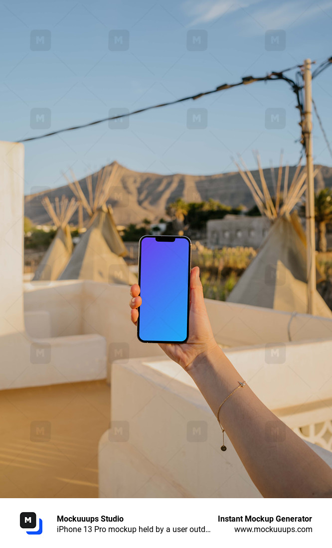 iPhone 13 Pro mockup held by a user outdoors in the sun