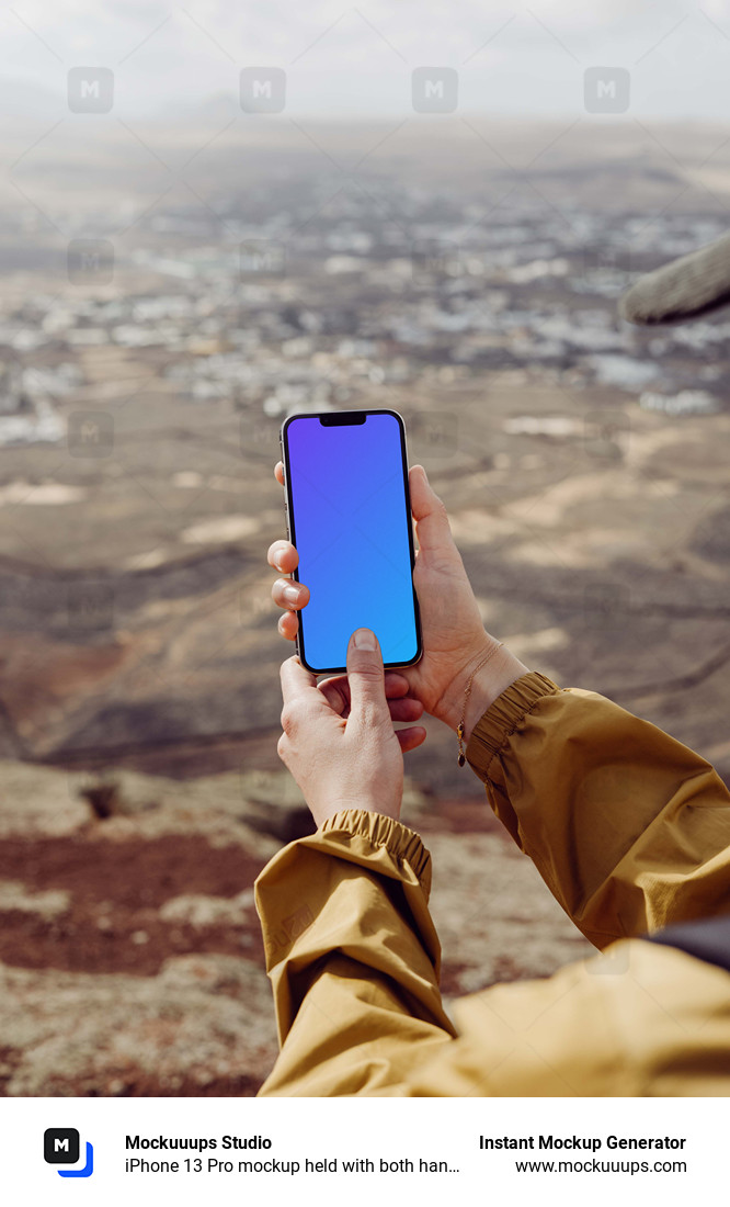 iPhone 13 Pro mockup held with both hands by a user outdoors