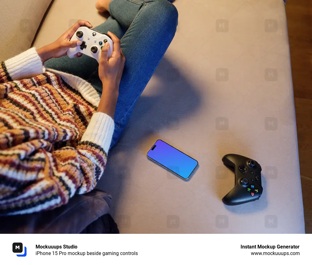 iPhone 15 Pro mockup beside gaming controls