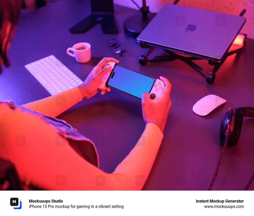 iPhone 15 Pro mockup for gaming in a vibrant setting