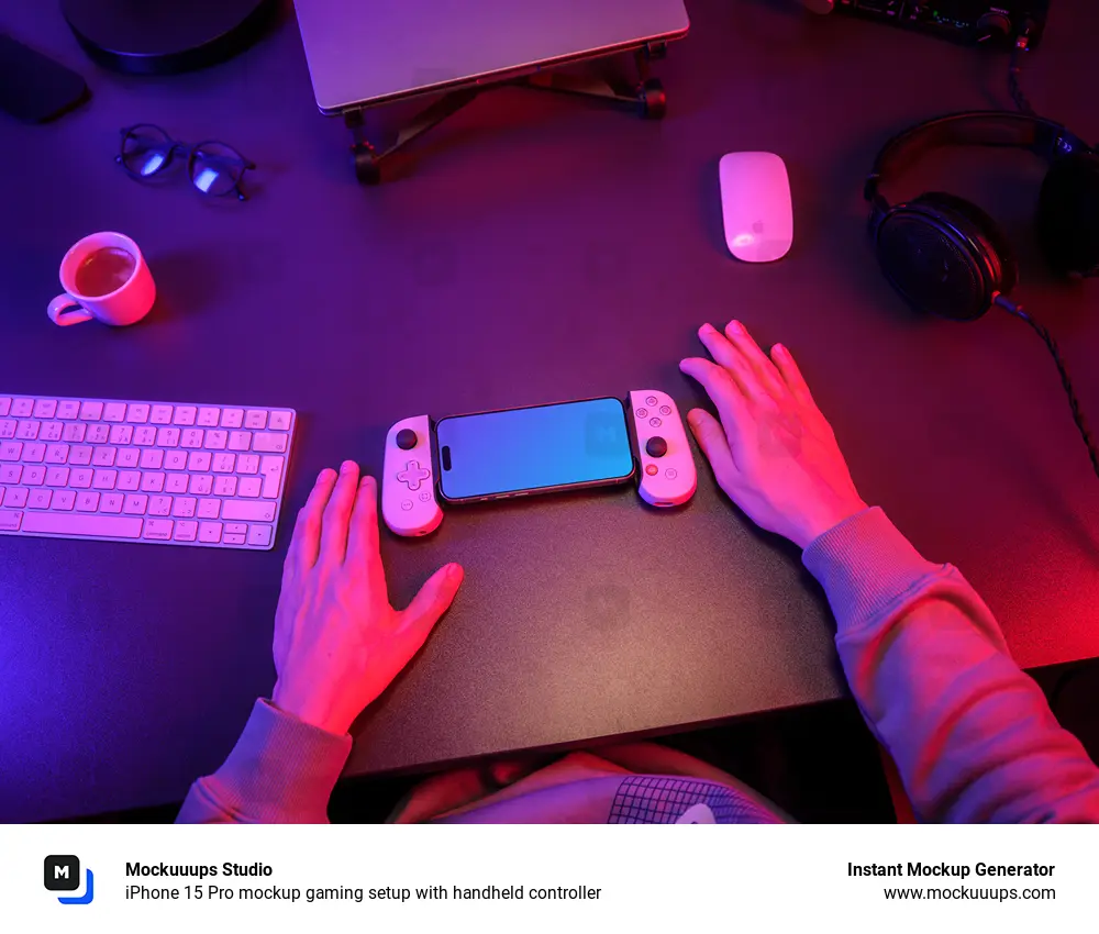 iPhone 15 Pro mockup gaming setup with handheld controller