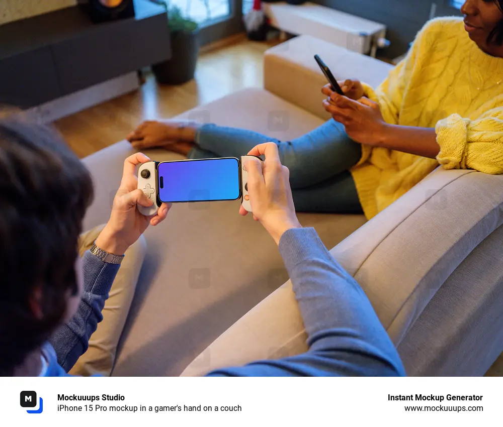 iPhone 15 Pro mockup in a gamer's hand on a couch