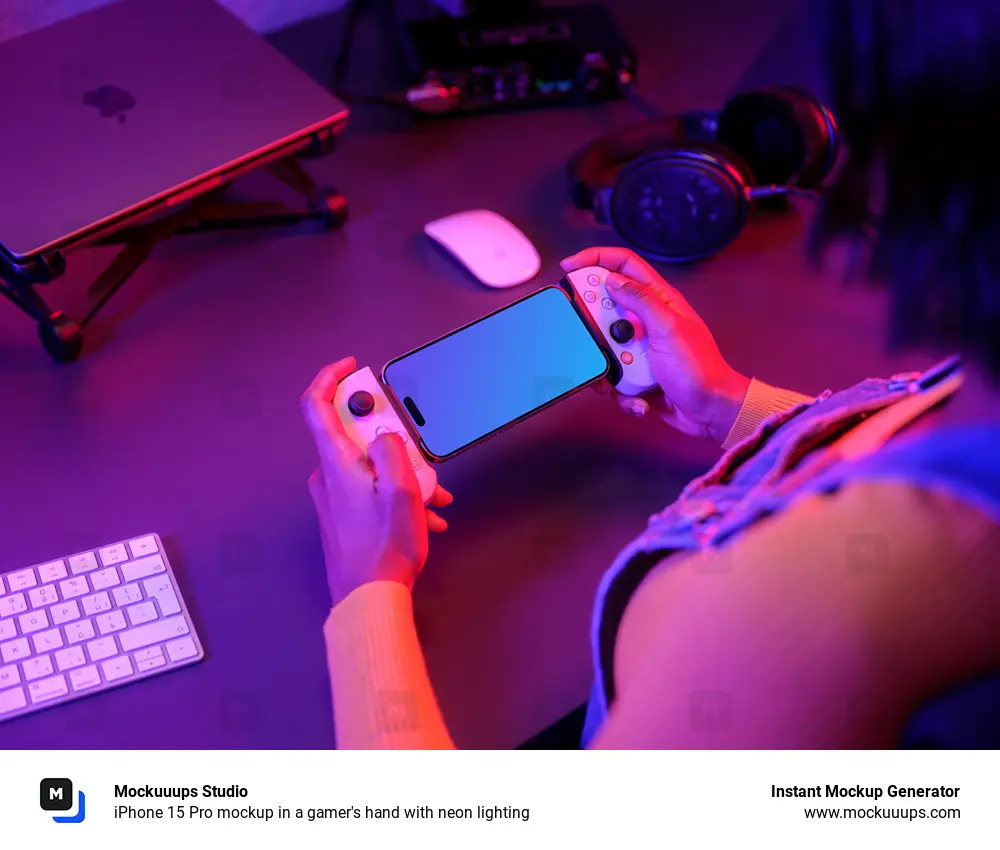 iPhone 15 Pro mockup in a gamer's hand with neon lighting