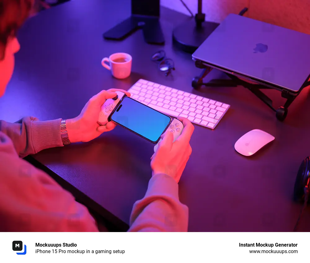 iPhone 15 Pro mockup in a gaming setup