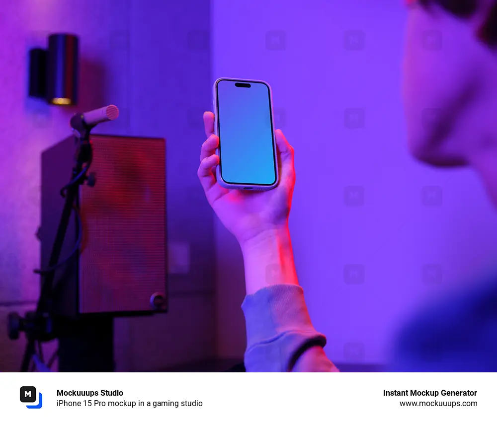 iPhone 15 Pro mockup in a gaming studio