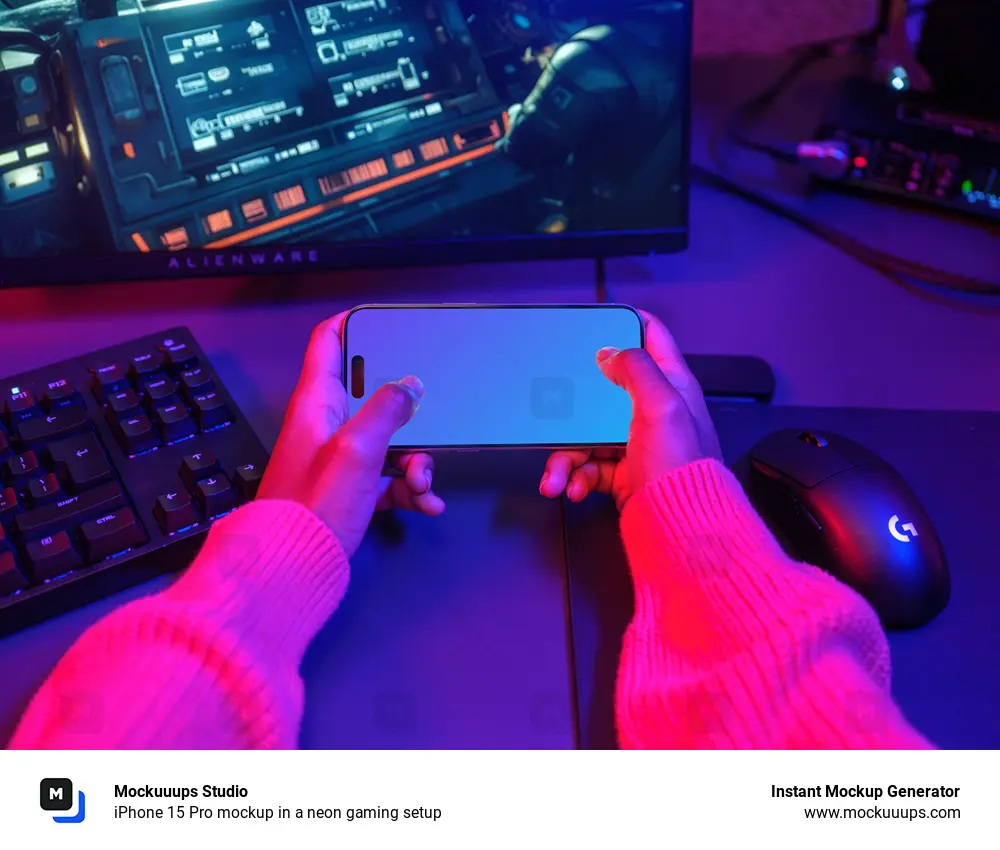 iPhone 15 Pro mockup in a neon gaming setup