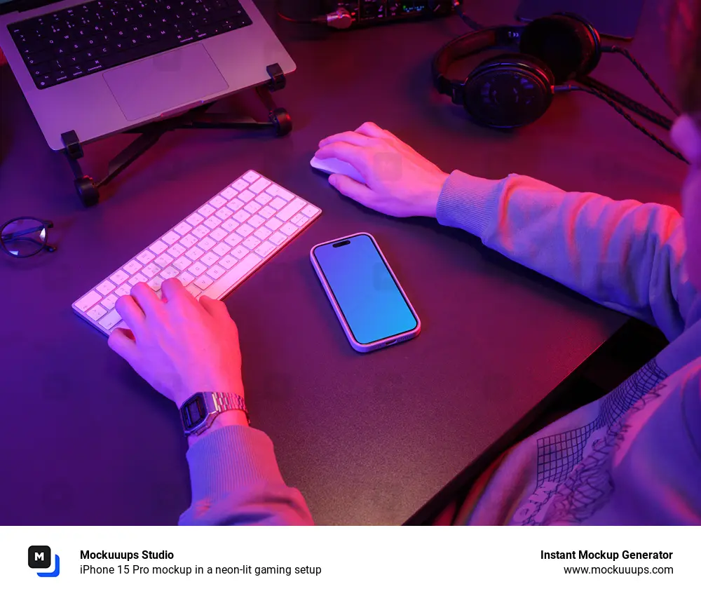 iPhone 15 Pro mockup in a neon-lit gaming setup