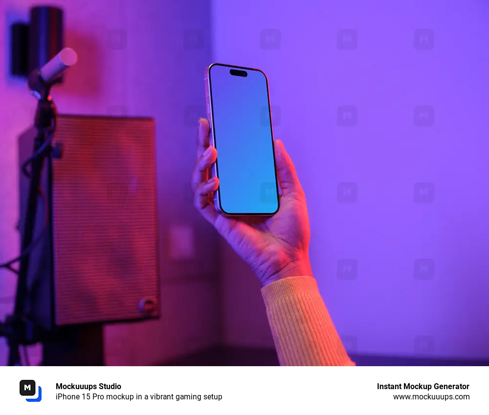 iPhone 15 Pro mockup in a vibrant gaming setup