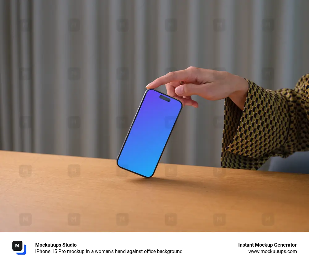 iPhone 15 Pro mockup in a woman's hand against office background