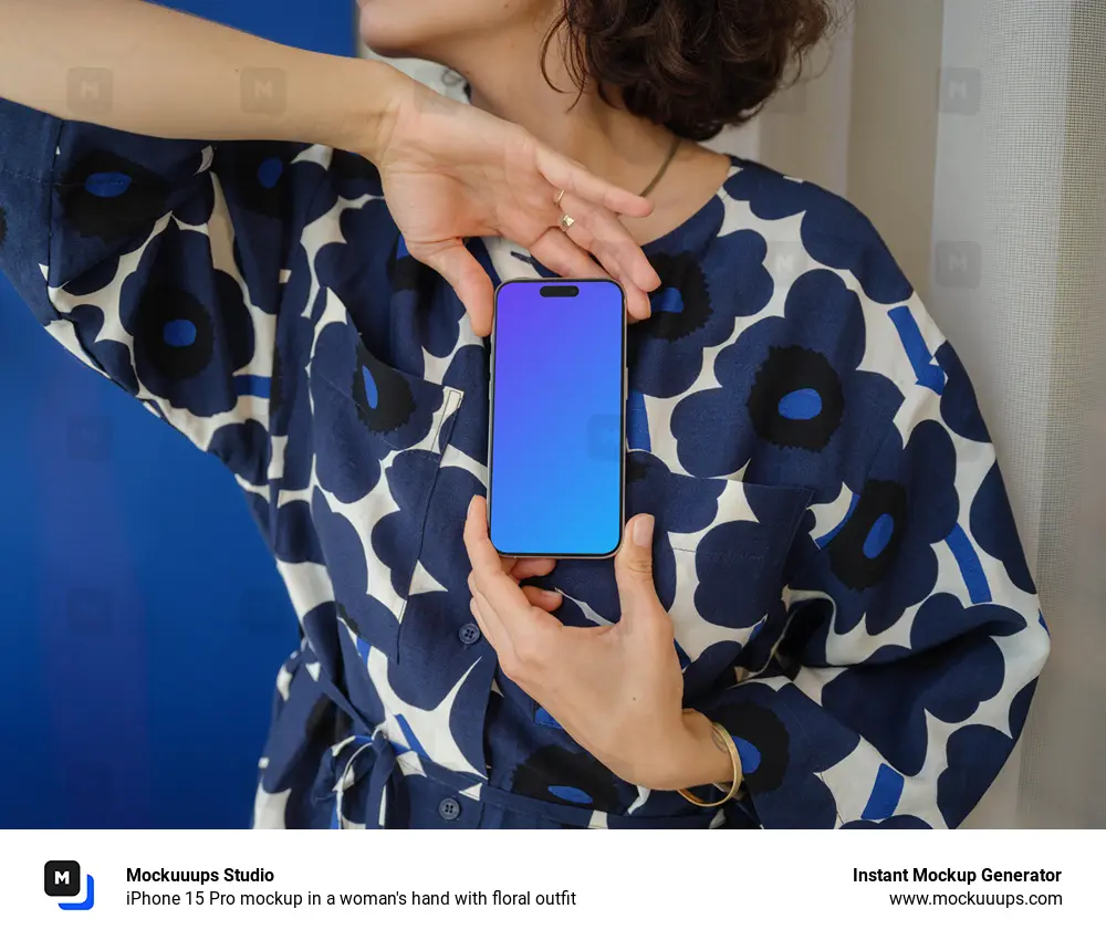 iPhone 15 Pro mockup in a woman's hand with floral outfit