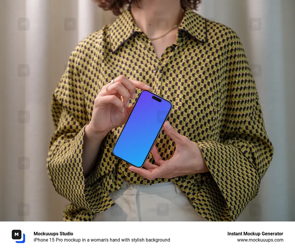 iPhone 15 Pro mockup in a woman's hand with stylish background