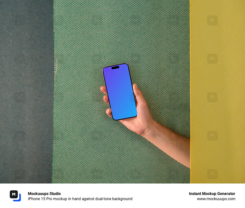 iPhone 15 Pro mockup in hand against dual-tone background