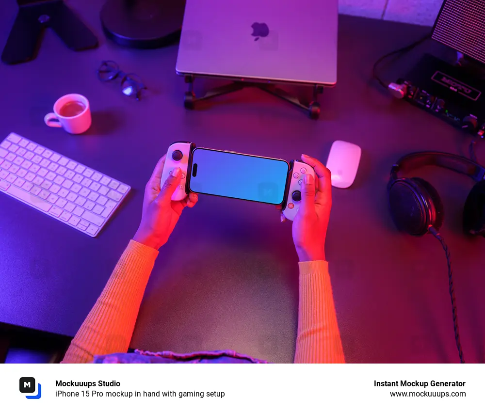 iPhone 15 Pro mockup in hand with gaming setup