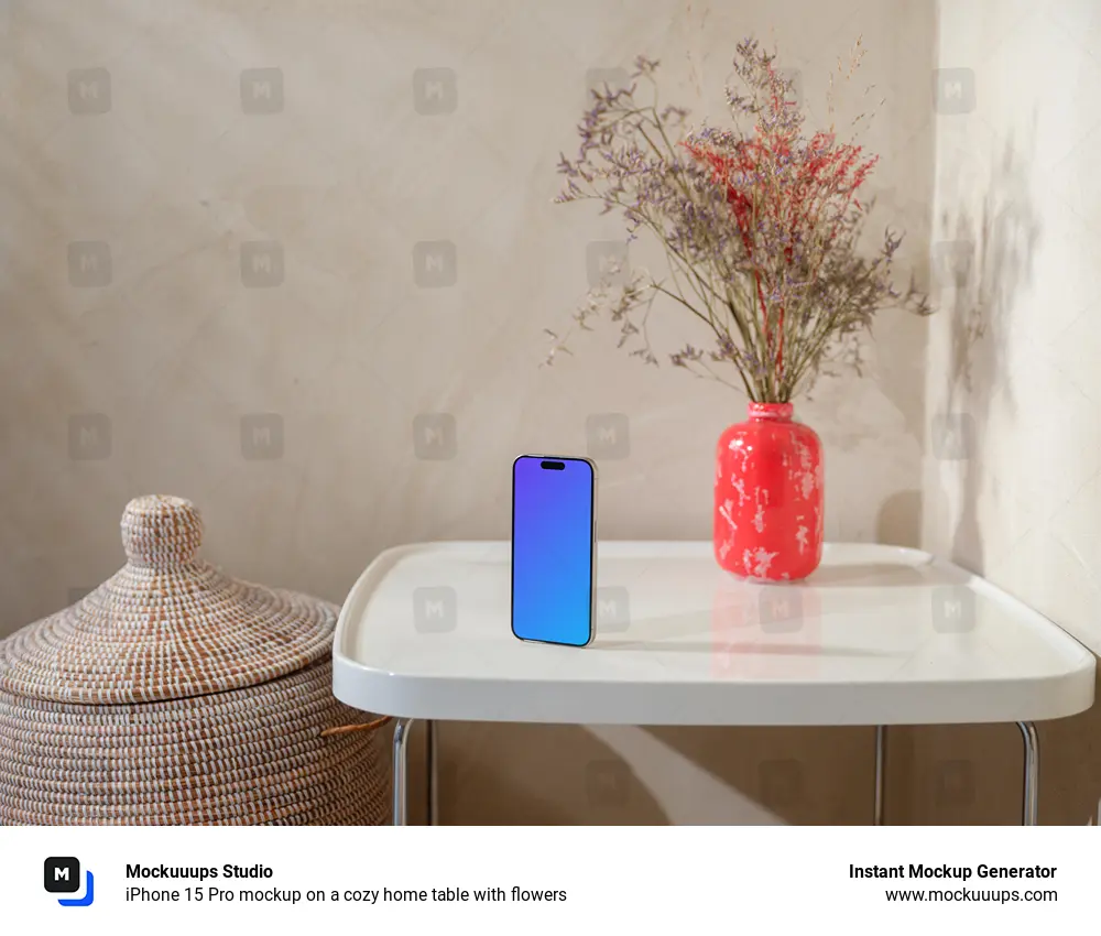 iPhone 15 Pro mockup on a cozy home table with flowers