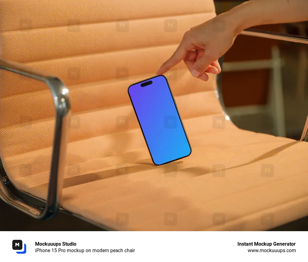 iPhone 15 Pro mockup on modern peach chair