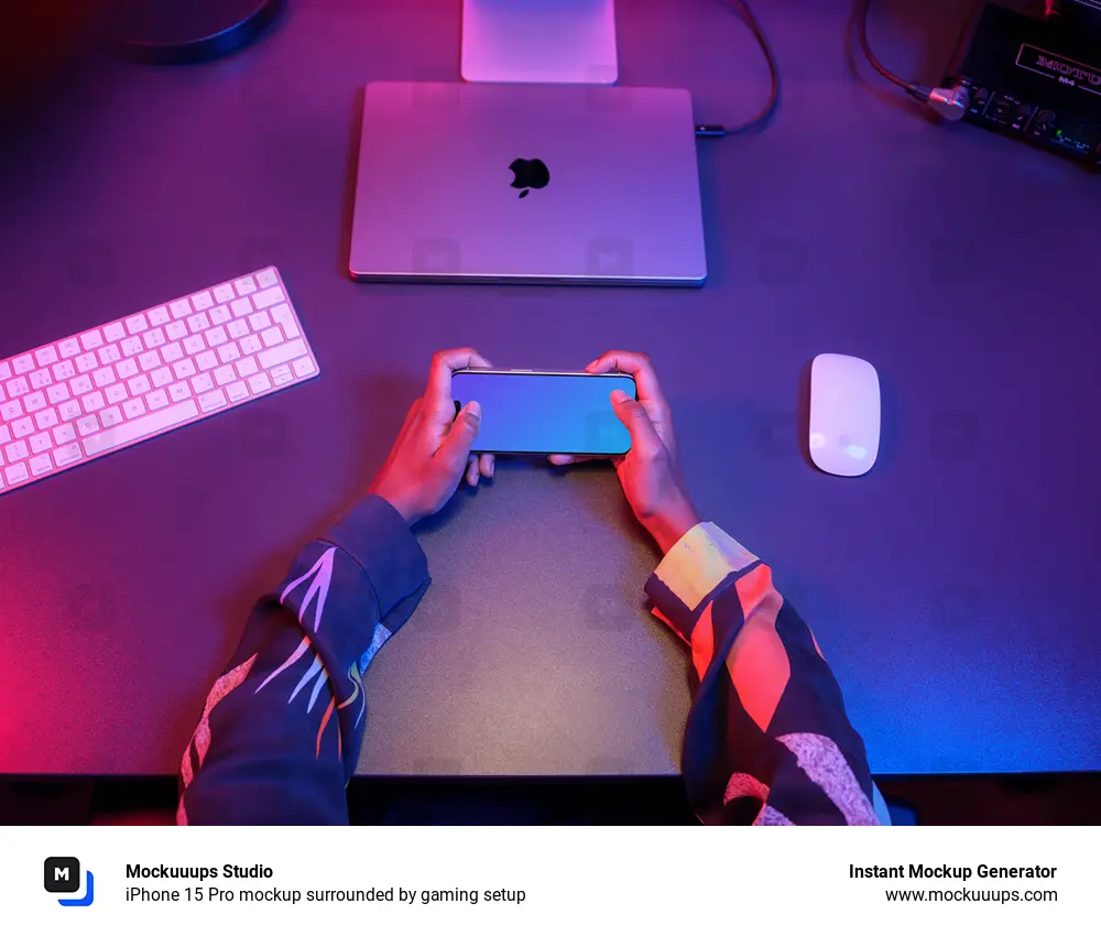 iPhone 15 Pro mockup surrounded by gaming setup