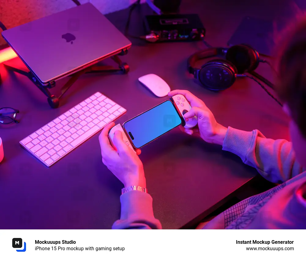 iPhone 15 Pro mockup with gaming setup