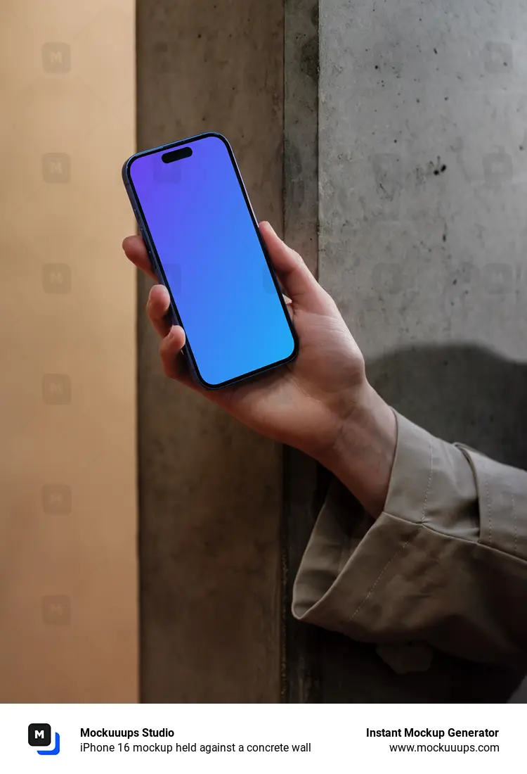 iPhone 16 mockup held against a concrete wall