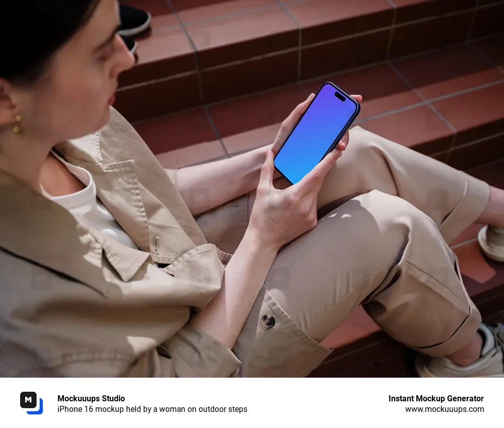 iPhone 16 mockup held by a woman on outdoor steps