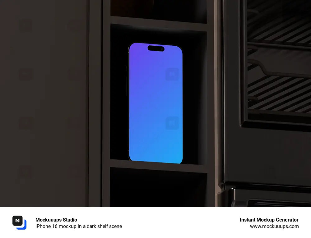 iPhone 16 mockup in a dark shelf scene