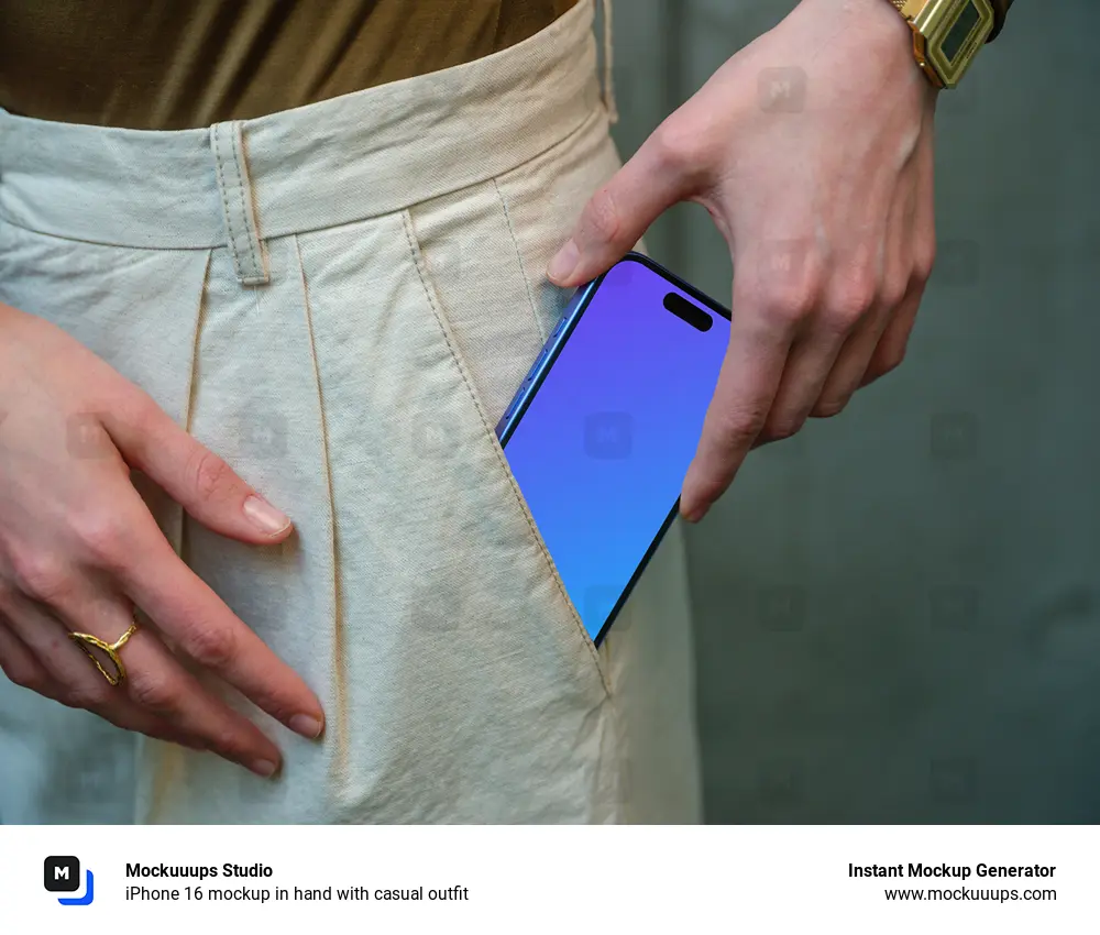 iPhone 16 mockup in hand with casual outfit