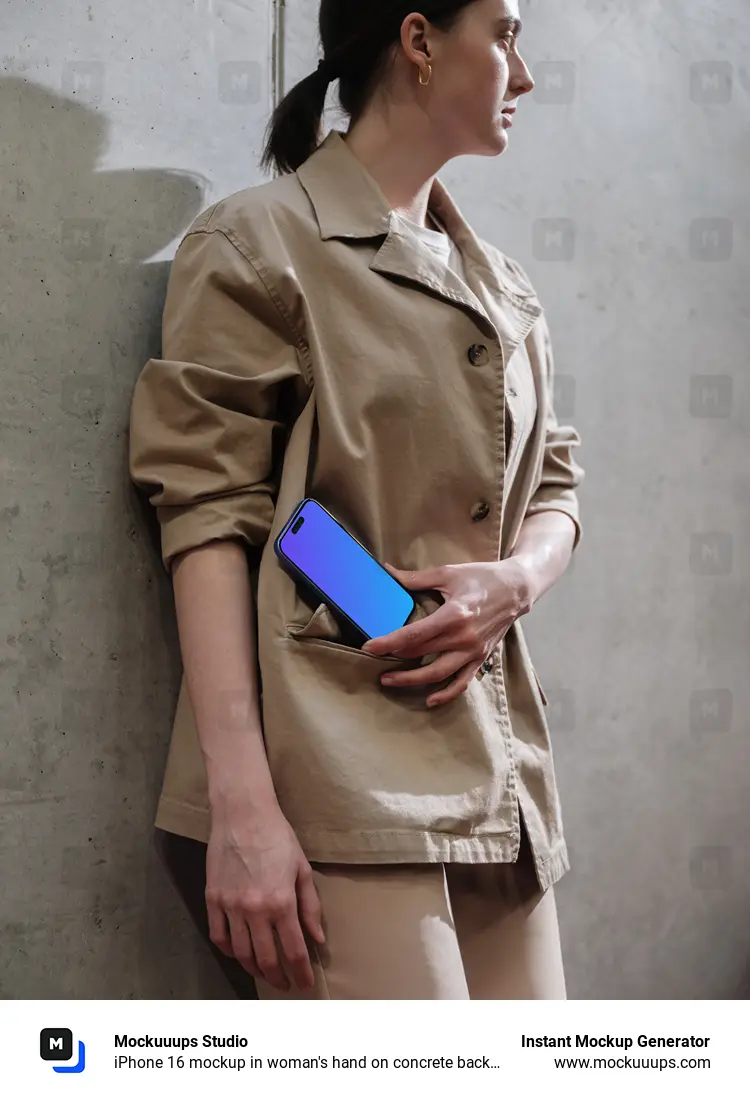 iPhone 16 mockup in woman's hand on concrete background