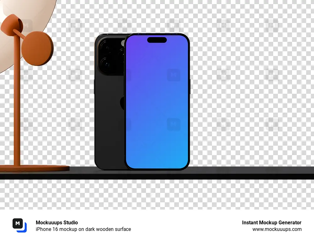 iPhone 16 mockup on dark wooden surface