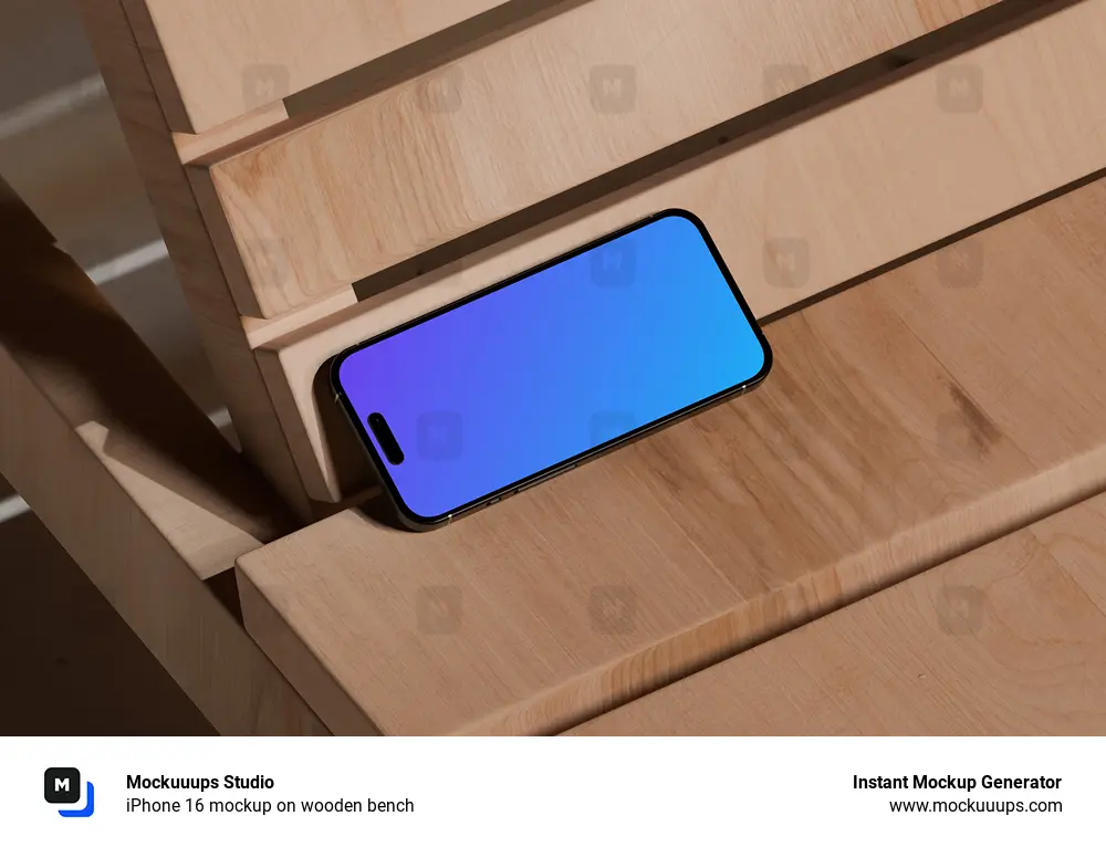 iPhone 16 mockup on wooden bench