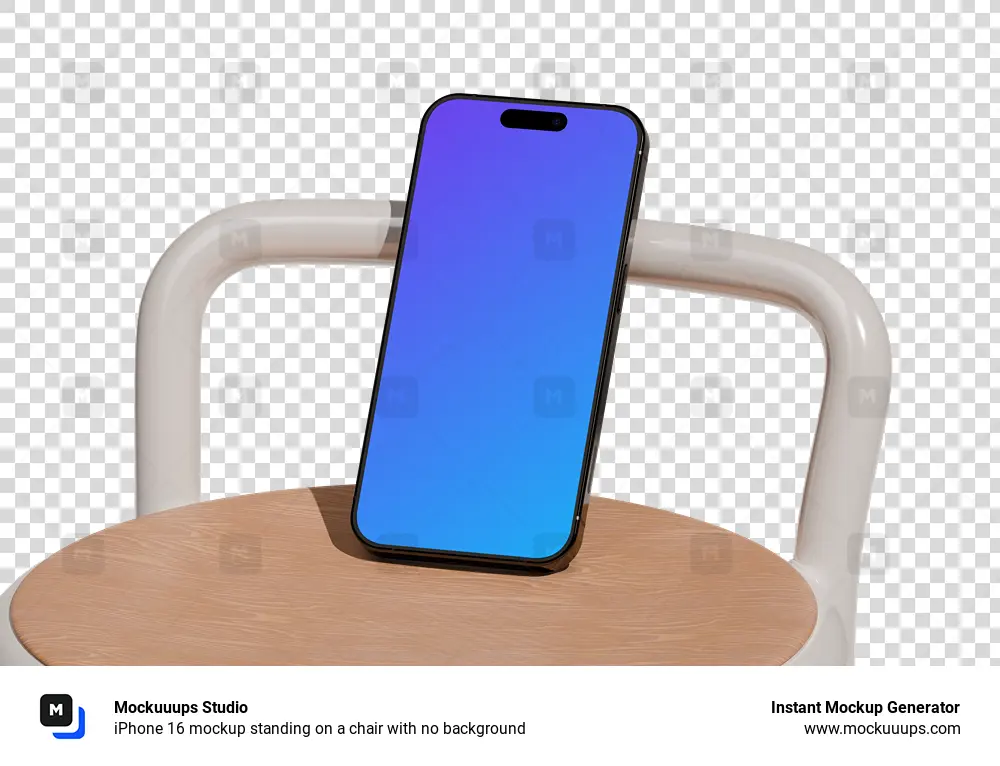 iPhone 16 mockup standing on a chair with no background