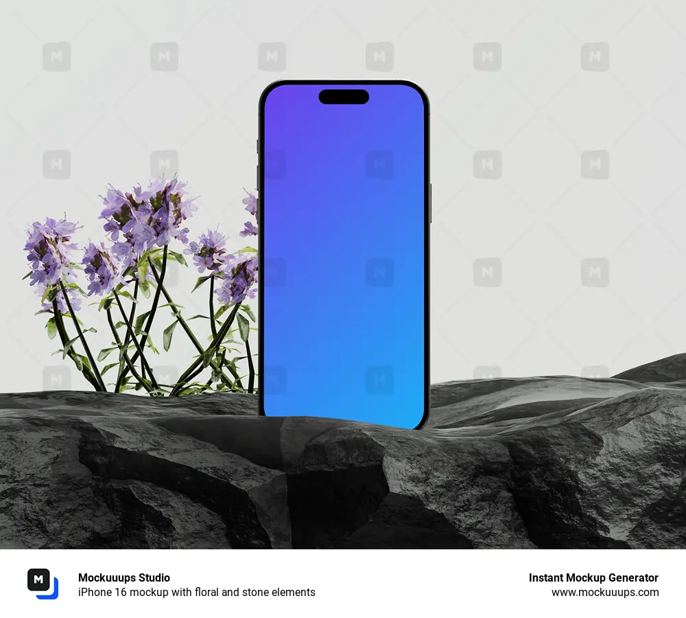 iPhone 16 mockup with floral and stone elements