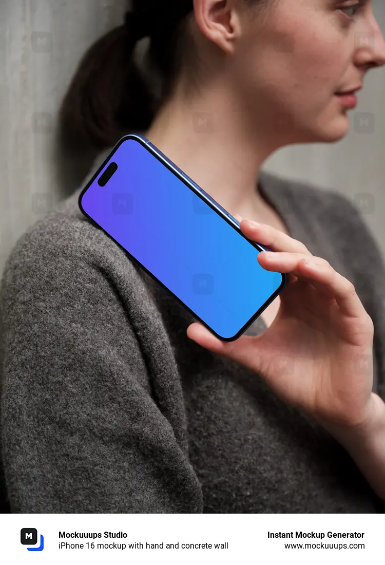 iPhone 16 mockup with hand and concrete wall