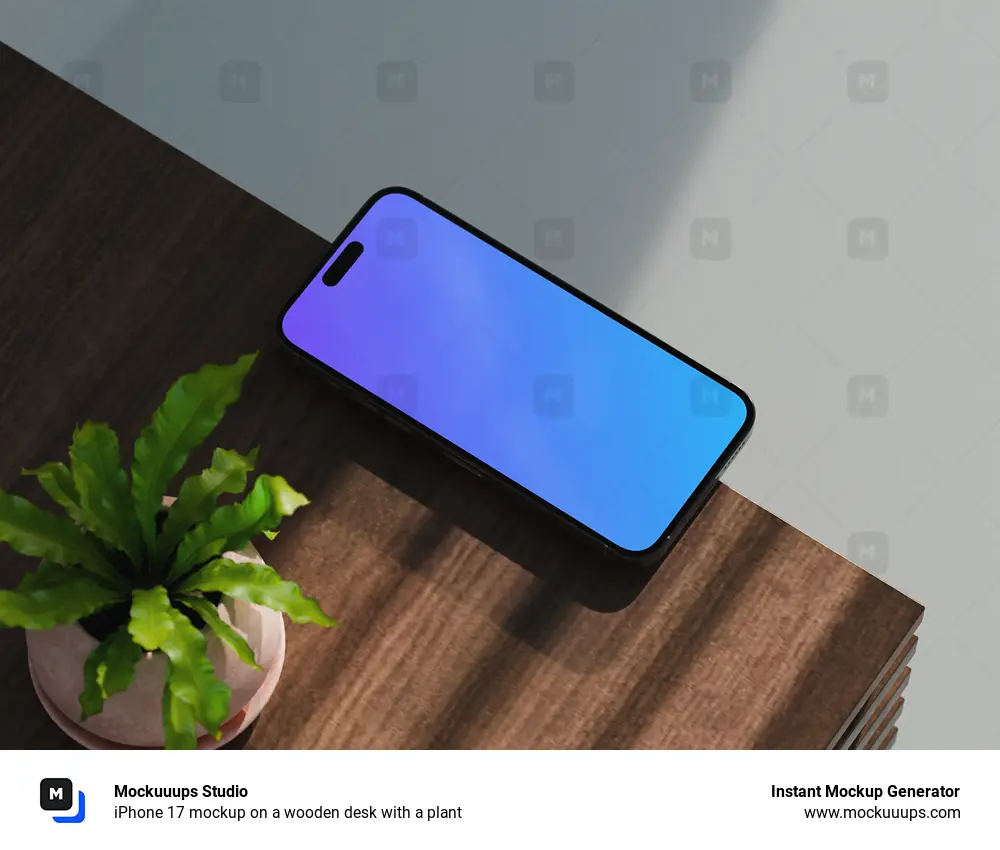 iPhone 17 mockup on a wooden desk with a plant