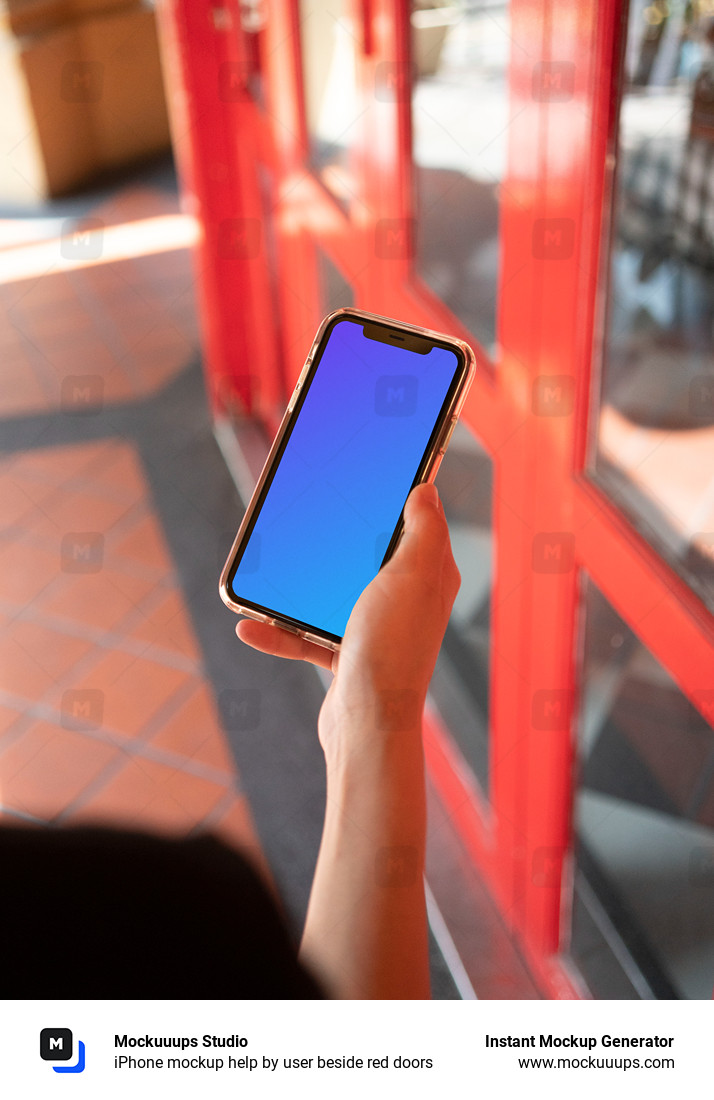 iPhone mockup help by user beside red doors