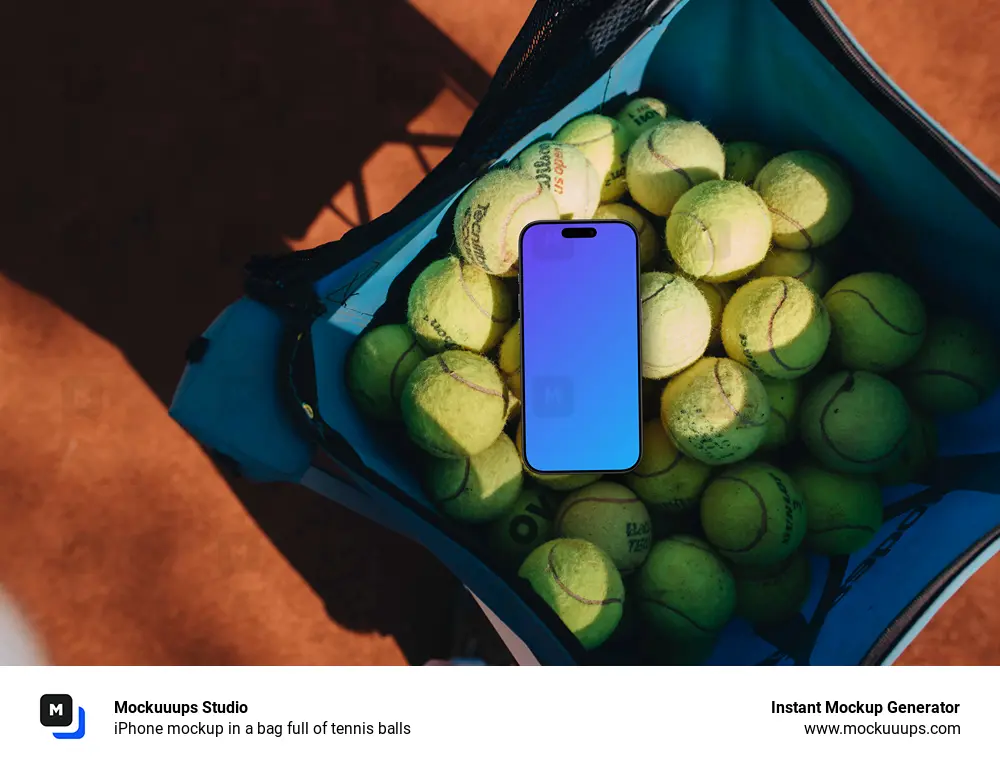 iPhone mockup in a bag full of tennis balls