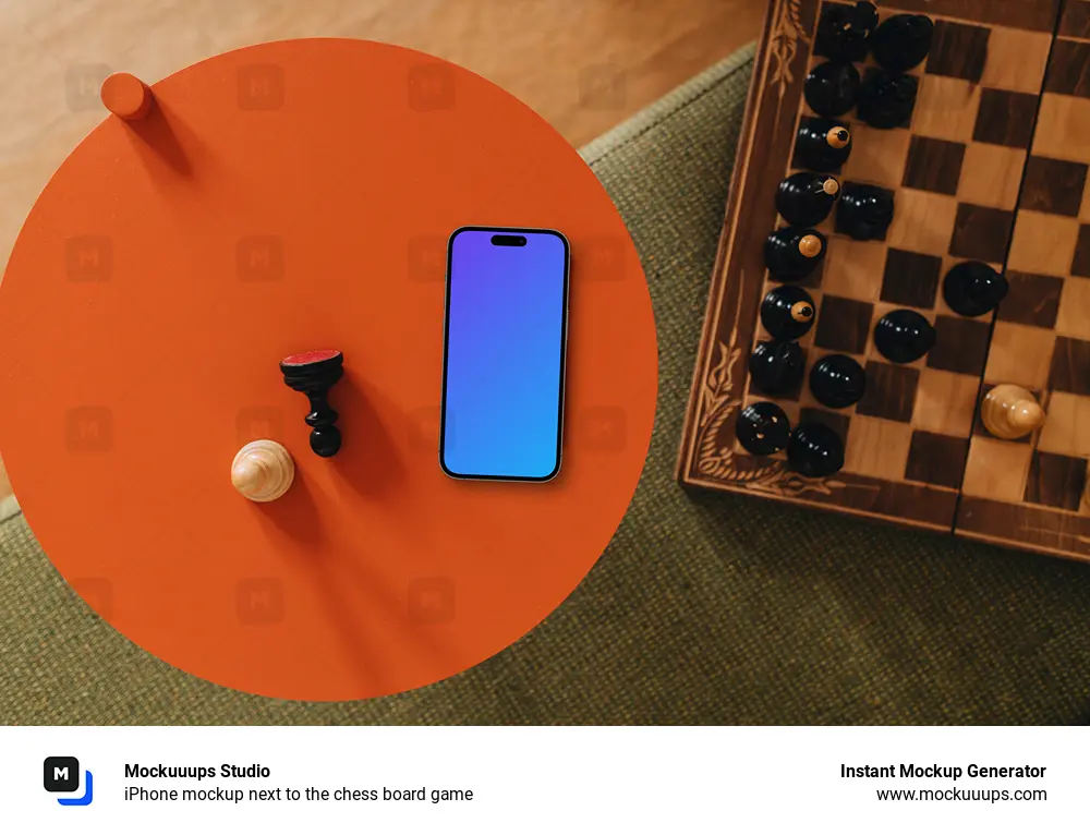 iPhone mockup next to the chess board game