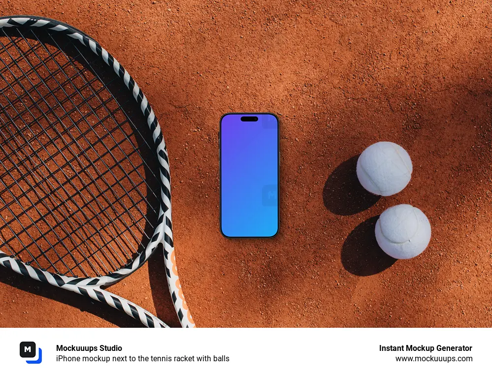 iPhone mockup next to the tennis racket with balls