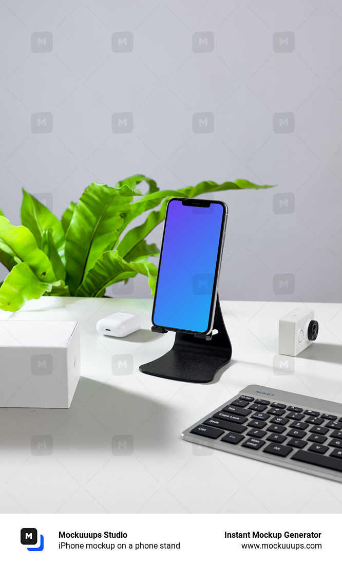 iPhone mockup on a phone stand