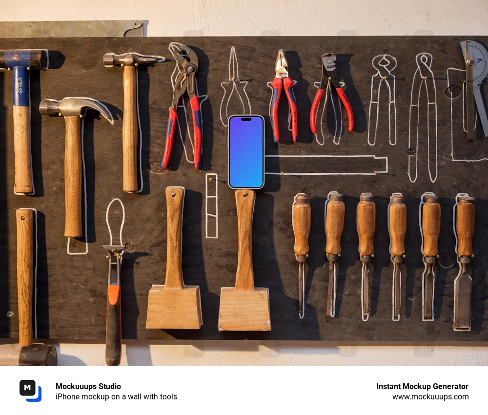 iPhone mockup on a wall with tools