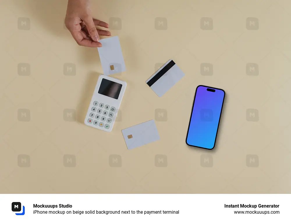 iPhone mockup on beige solid background next to the payment terminal