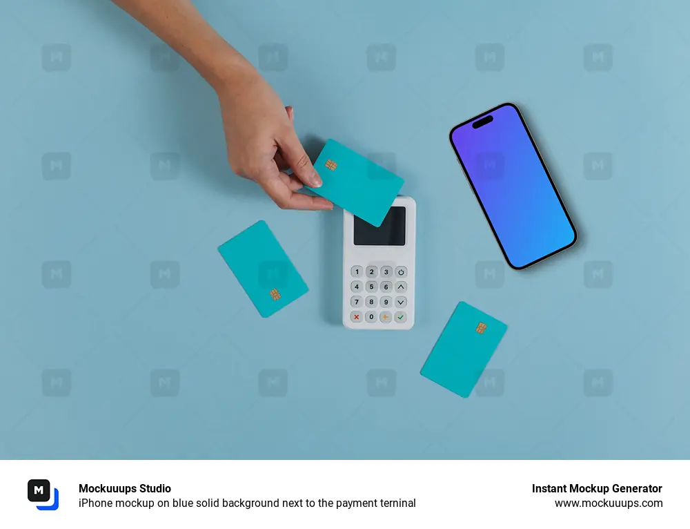 iPhone mockup on blue solid background next to the payment terninal