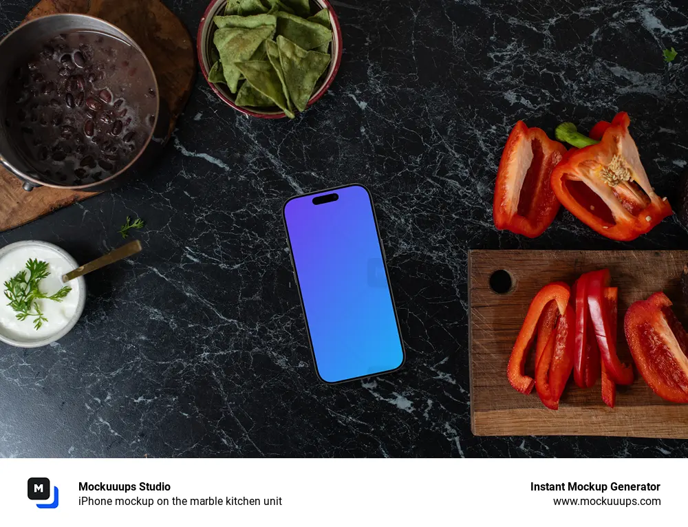 iPhone mockup on the marble kitchen unit