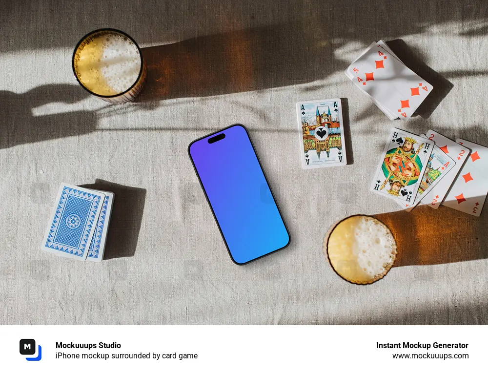 iPhone mockup surrounded by card game