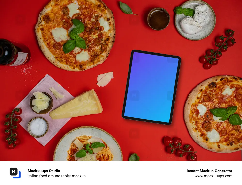 Italian food around tablet mockup