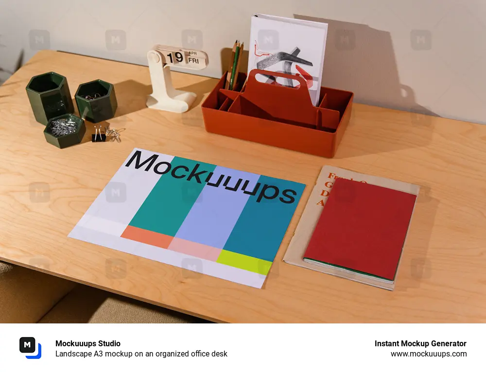 Landscape A3 mockup on an organized office desk