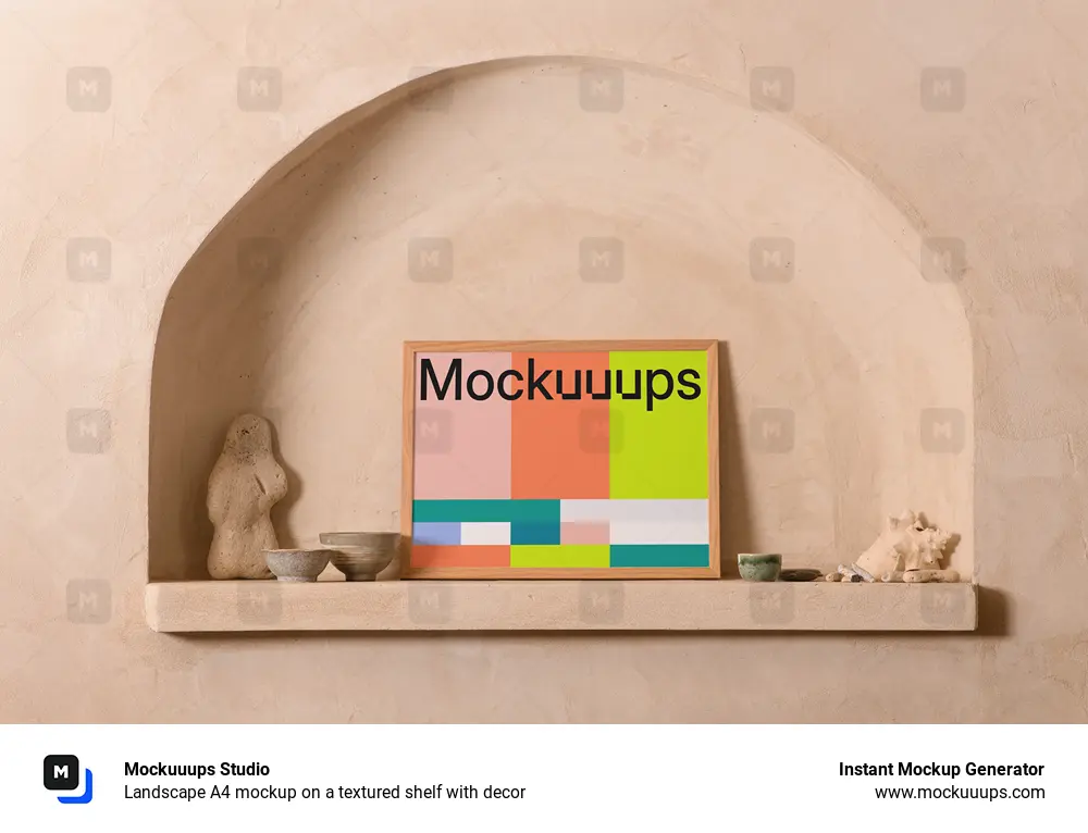 Landscape A4 mockup on a textured shelf with decor