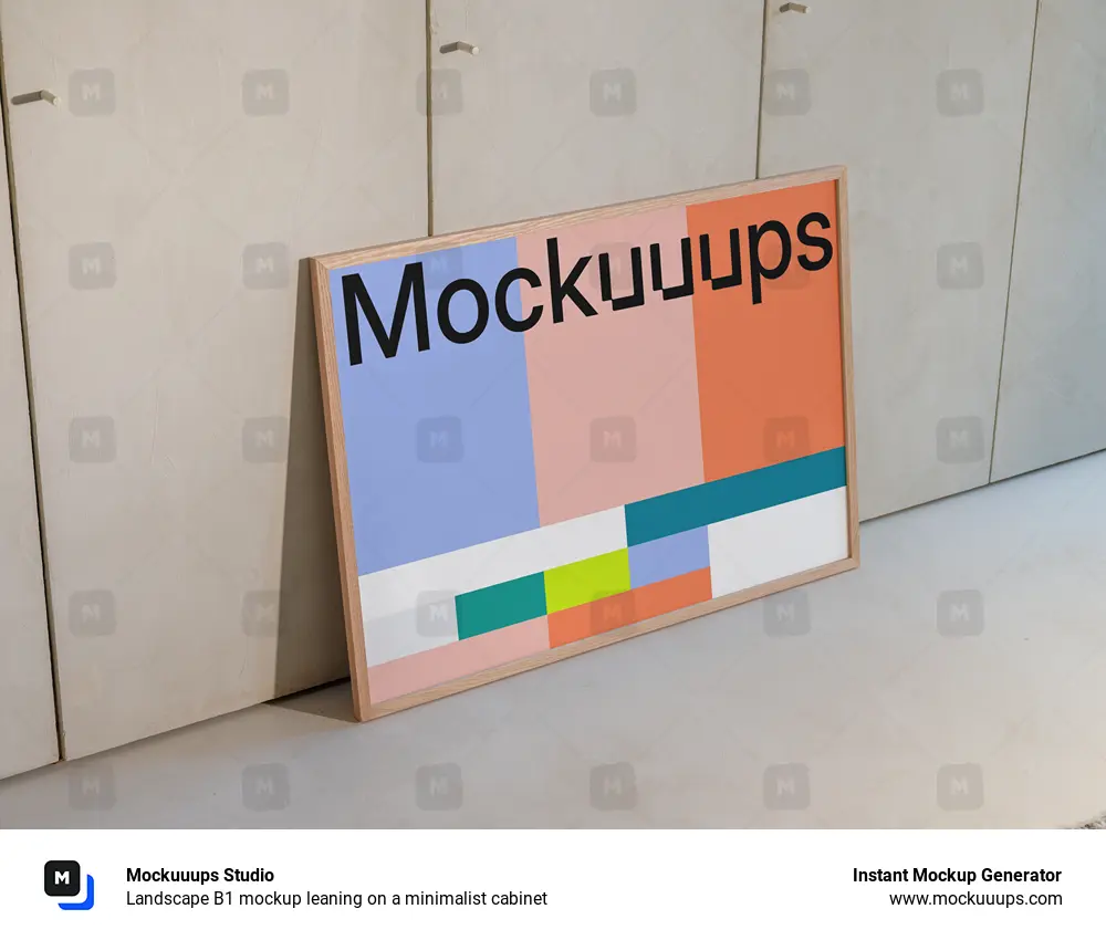 Landscape B1 mockup leaning on a minimalist cabinet