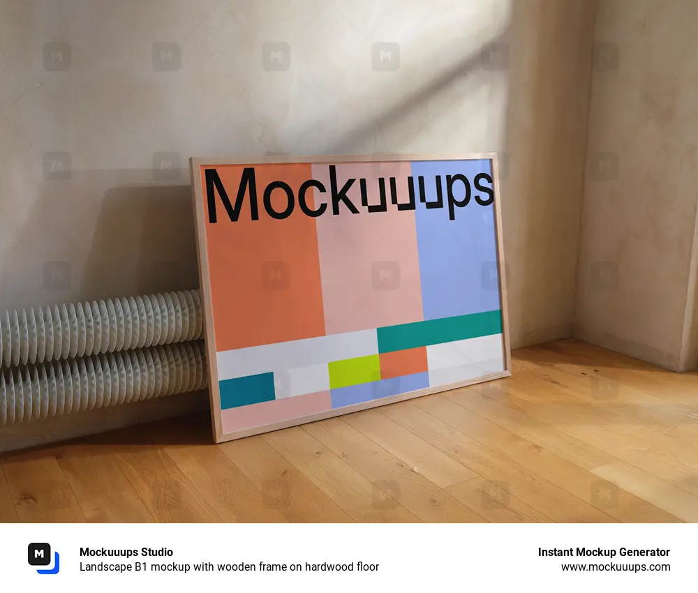 Landscape B1 mockup with wooden frame on hardwood floor