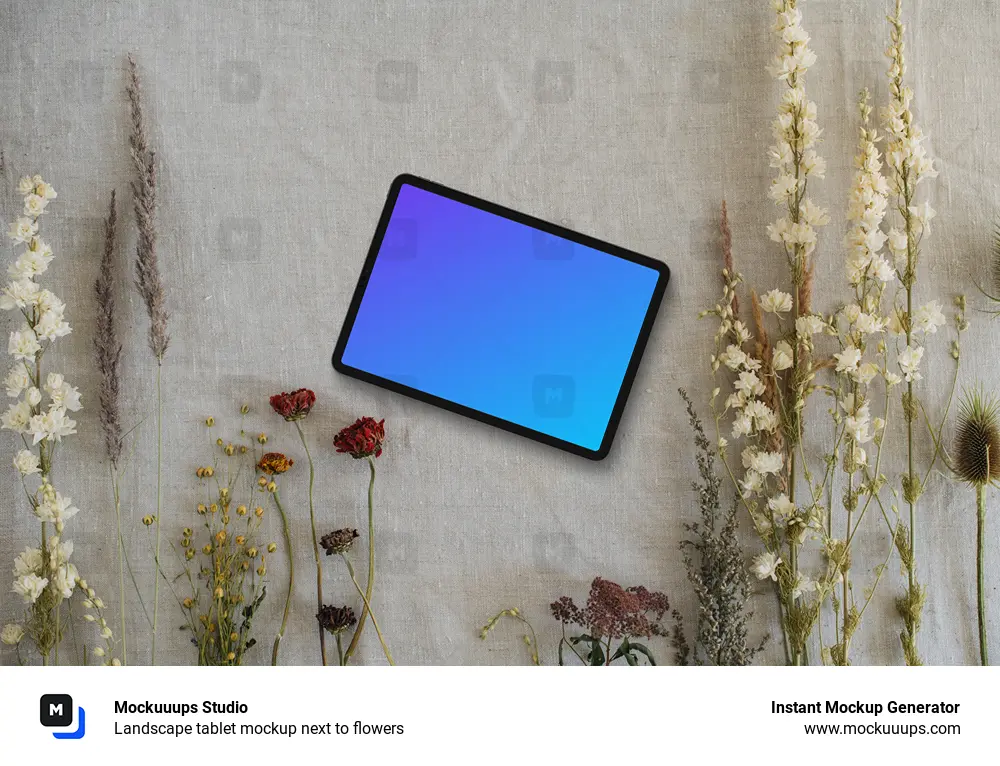 Landscape tablet mockup next to flowers