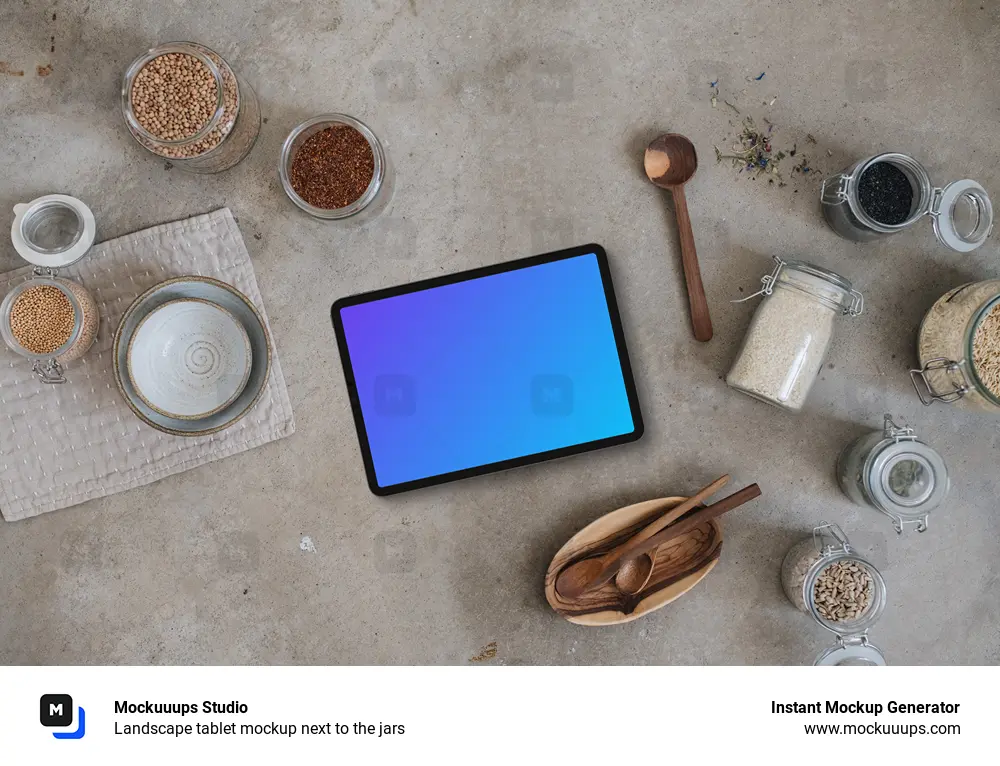 Landscape tablet mockup next to the jars