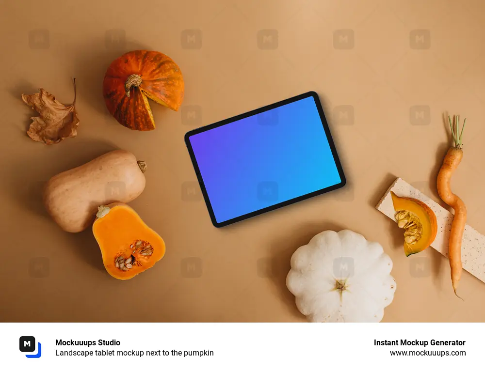 Landscape tablet mockup next to the pumpkin